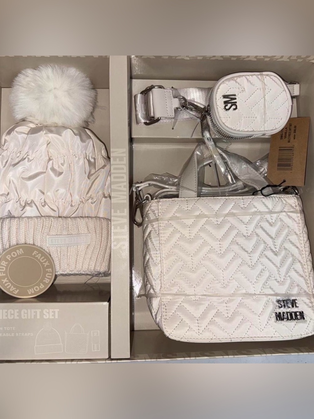 Steve Madden White Quilted Crossbody Bag & Pom Beanie Set